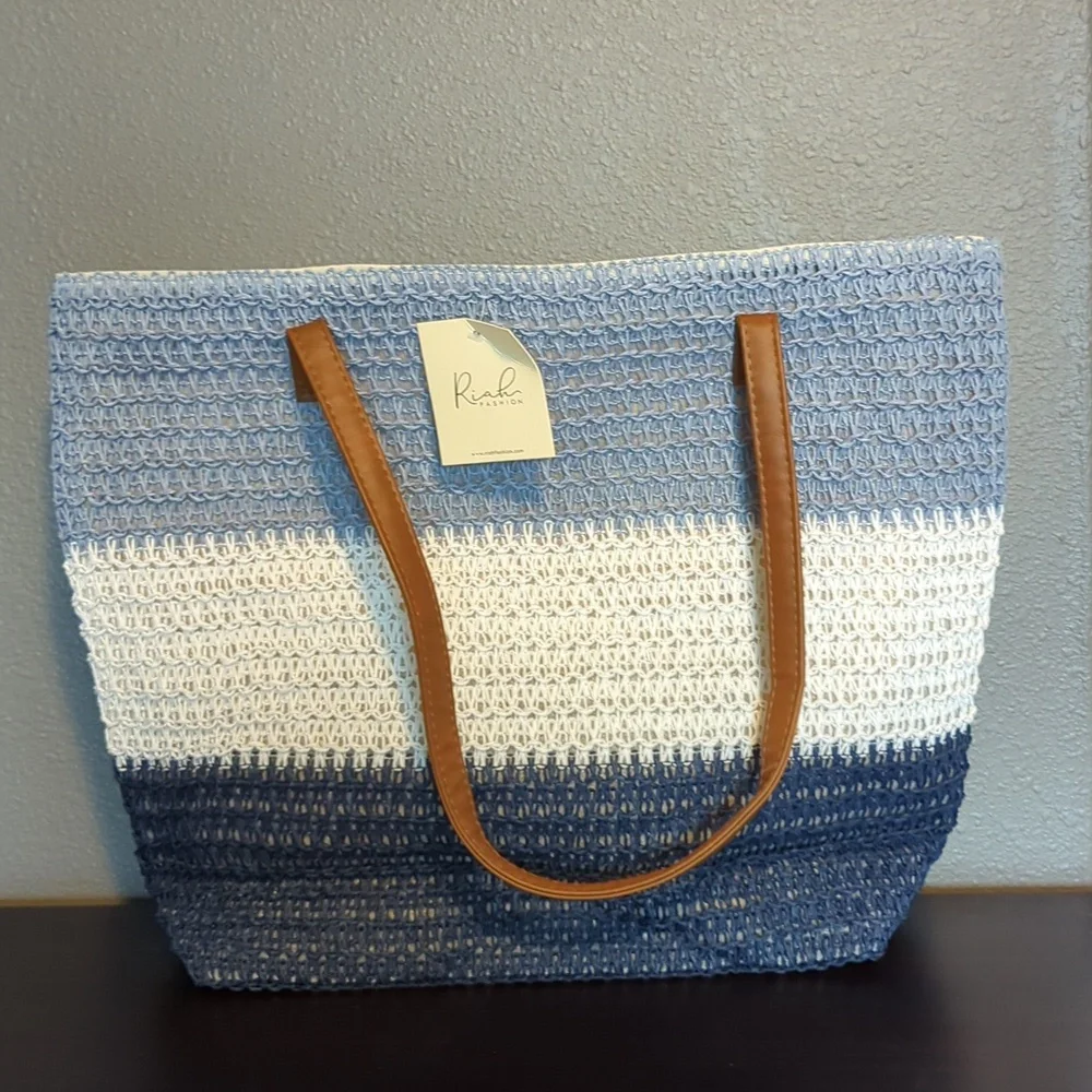 LAST ONE! Shades of Blue Rattan Crochet Shopper/Beach/Tote Bag - Picture 2 of 7